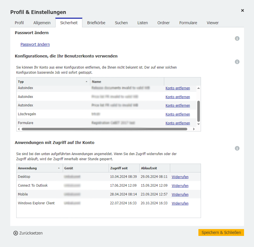 Profil und Einstellungen Tab Sicherheit